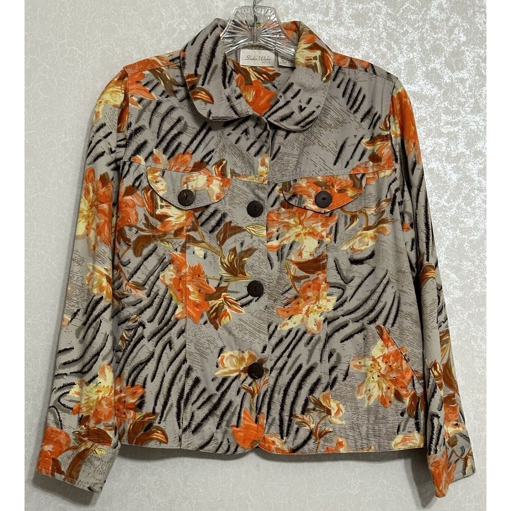 Studio Works Gray Floral‎ Jacket Orange Tiger Lily Print 100% Cotton PM Petite M